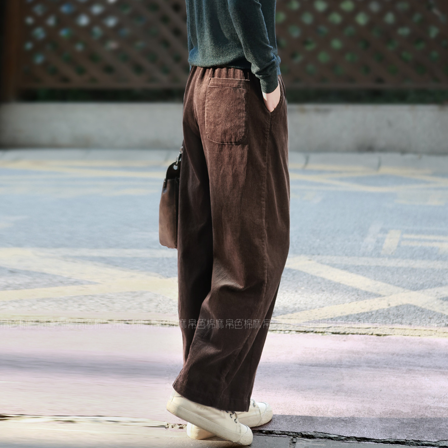2026秋冬新款纯棉灯芯绒裤子女九分裤松紧腰休闲裤棕色条绒阔腿裤