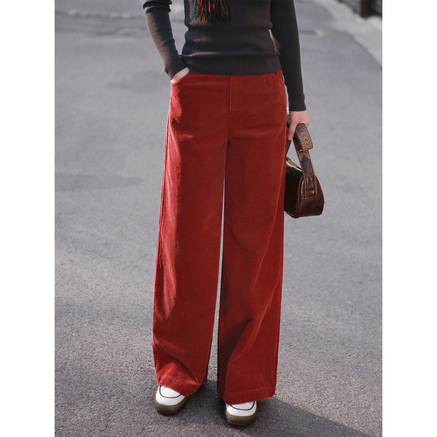 瑞雪红条绒直筒宽腿纯棉灯芯绒裤