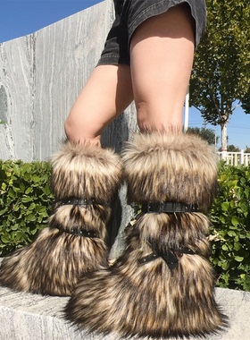 辣妹厚底雪地靴Y2K朋克仿毛毛靴子铆钉靴显瘦绑带高筒靴belt