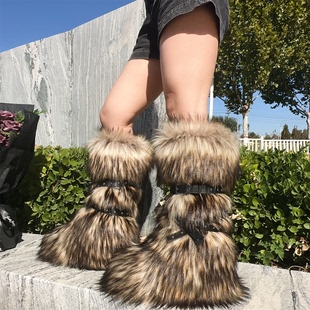 辣妹厚底雪地靴Y2K朋克仿毛毛靴子铆钉靴显瘦绑带高筒靴belt