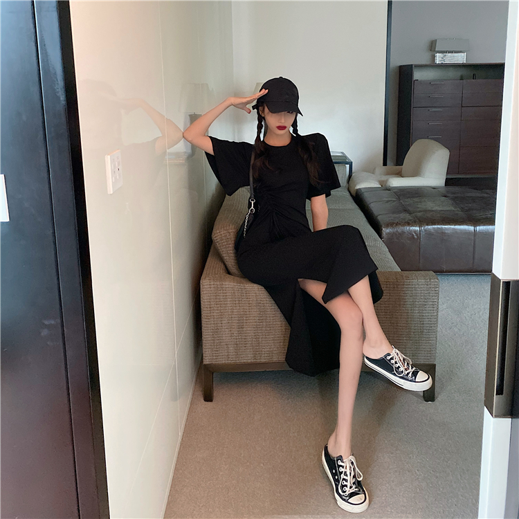 Real photo 2021 new irregular drawstring dress fashion design sense foreign style slit medium length skirt