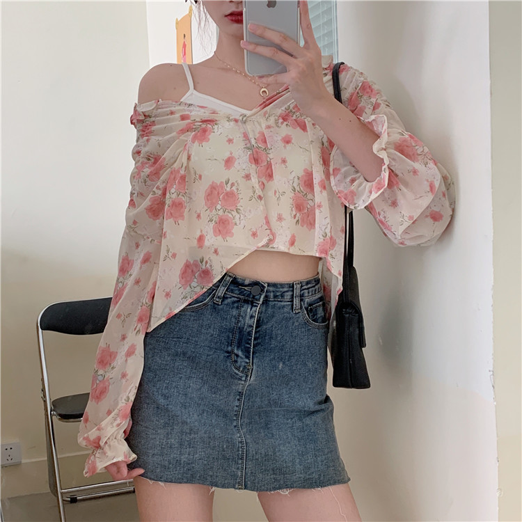 Real shot 2021 Korean chic sweet romantic Ruffle fresh floral loose Chiffon Top