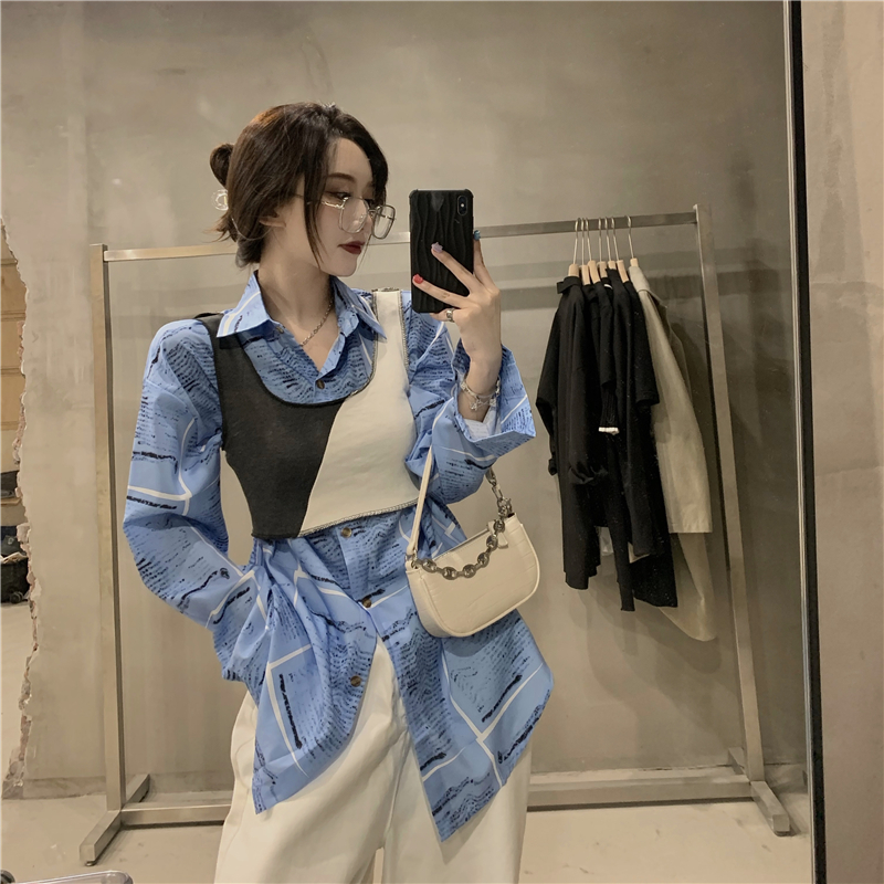 Real photo 2021 Hong Kong Style loose poster long sleeve foreign style shirt coat + asymmetric color matching thread vest