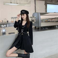 Real shot 2021 spring black and straight temperament sunscreen drape suit + Elastic Waist Shorts suit