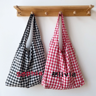 Custom bag定制名字复古格子包包闺蜜生日礼物逛街旅行背包收纳袋