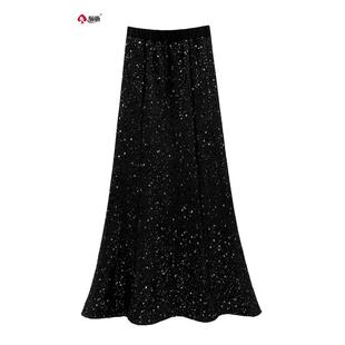 骊枥·LL8515高级感半身裙亮片拼接鱼尾裙女春秋高腰黑显瘦中长裙