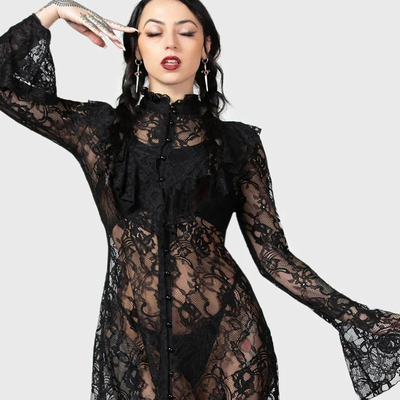 法式A字裙蕾丝黑色喇叭袖