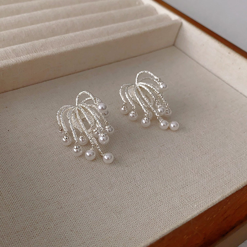 明星同款流苏烟花瀑布耳钉小众925银针珍珠耳钉开口戒指