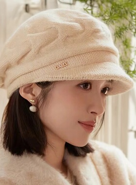 冬季保暖加厚兔毛针织鸭舌帽女
