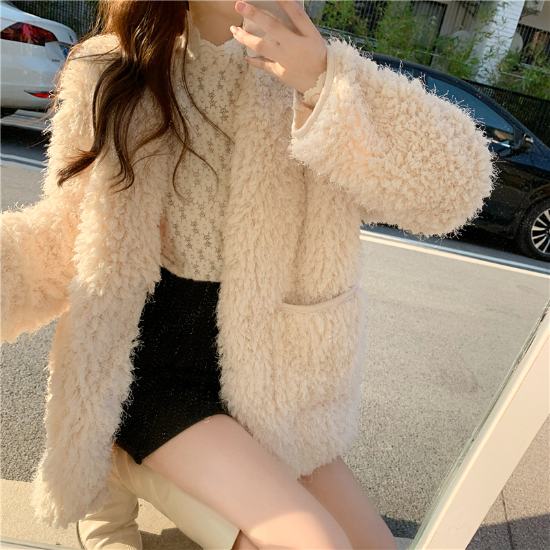 Real shot real price Korean fur one-piece coat thickened medium length loose lamb wool top + bottom lace shirt