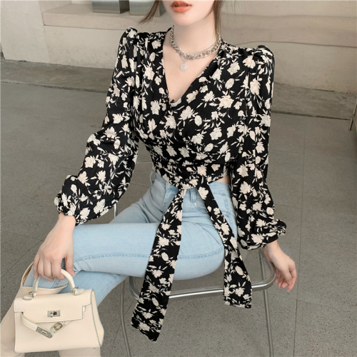 Real shot real price Hong Kong style retro V-neck floral lace up bow elegant shirt tie waist long sleeve top