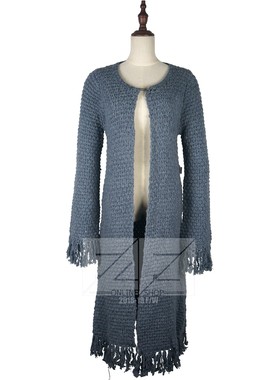 外贸 意大利 深灰色超长毛衣 流苏边 敞穿 巨型别针搭接挂钩 L号