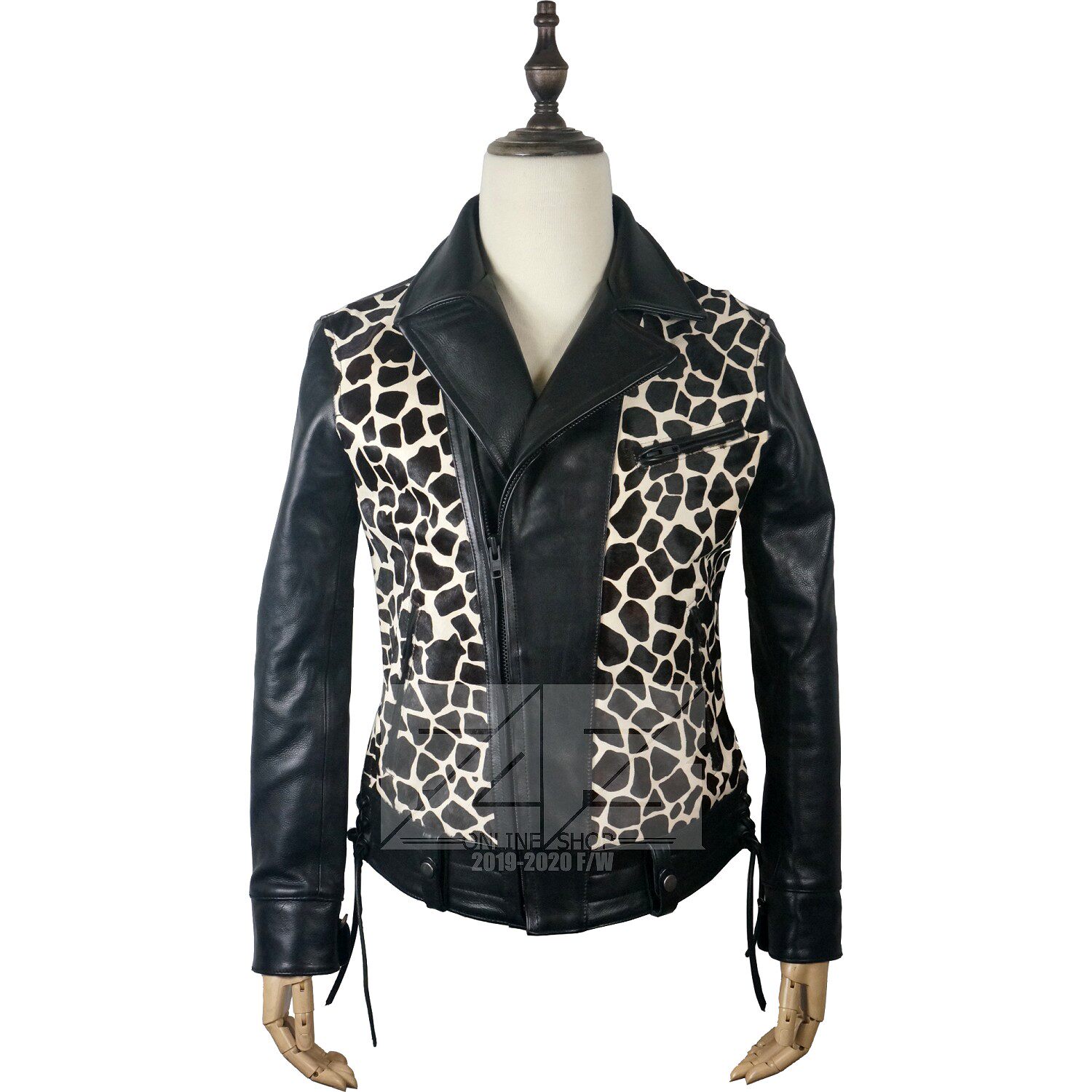 日单精品 牛皮马毛翻领机车皮衣 长颈鹿纹 豹纹 giraffe pattern