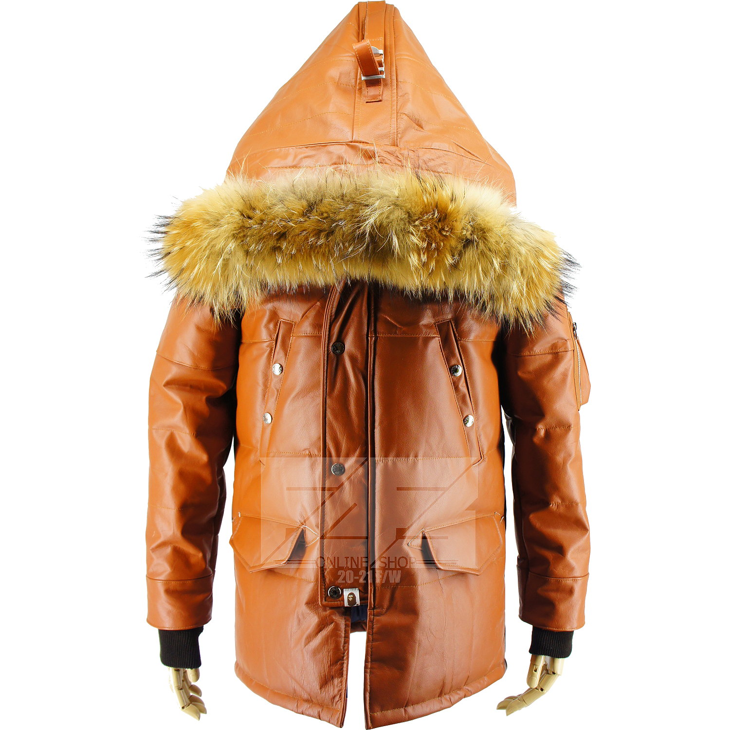 黄色牛皮长款貉毛领羽绒服