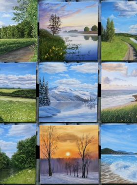 30*30cm 手绘 油画 装饰画 风景 云  自然  雪山 冬 树林  LJL涂