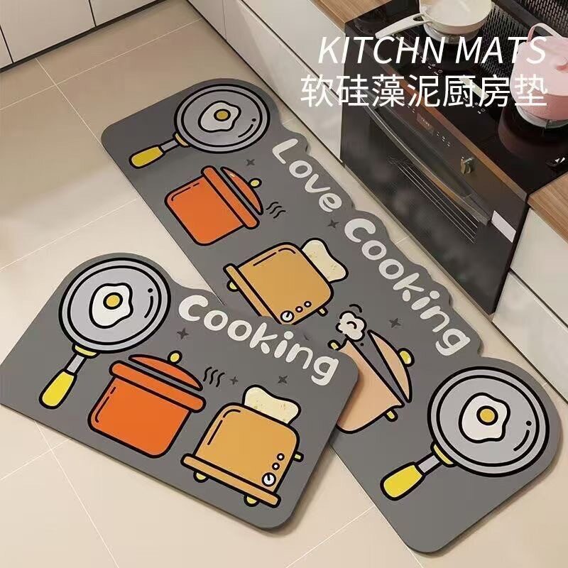 可爱卡通硅藻泥厨房地垫套装吸水吸油速干脚垫厕所玄关长条防滑垫