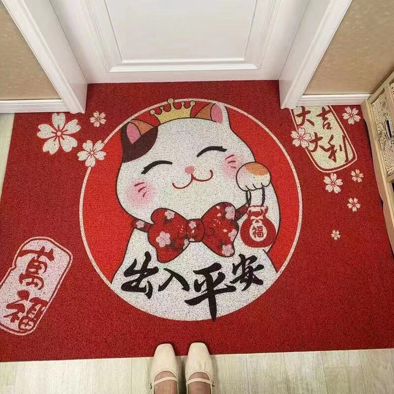 招财猫红色丝圈门口地垫进门可裁剪入户门垫家用脚垫地毯出入平安