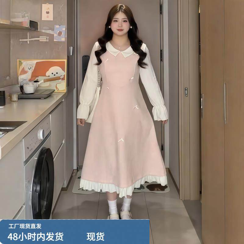 大码女装毛呢蝴蝶结娃娃领长袖连衣裙秋冬新款胖mm收腰显瘦A字裙