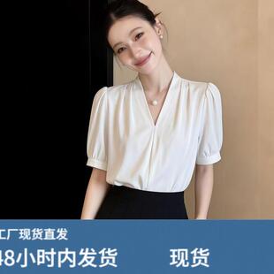 真丝女士气质小众短袖衬衫夏季新款法式缎面垂感通勤职业上衣女款