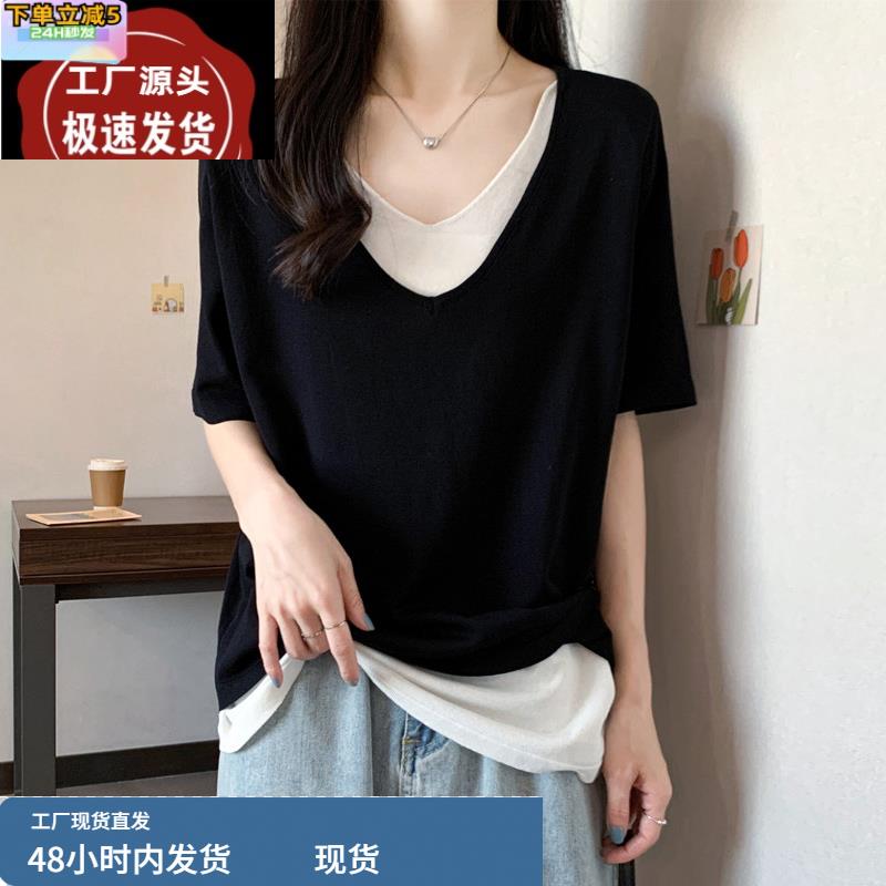 大码条纹不规则别致假两件短袖针织t恤衫夏装胖妹妹显瘦遮肚上衣