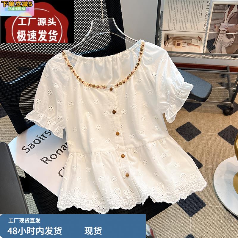 白色法式泡泡袖衬衫女夏蕾丝短袖2025新款波西米亚风上衣甜美小衫
