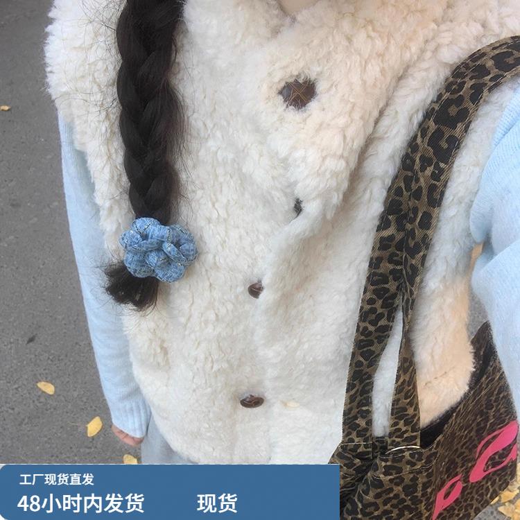 毛绒马甲蓝色毛衣套装女冬季日系保暖背心上衣娃娃领针织衫两件套