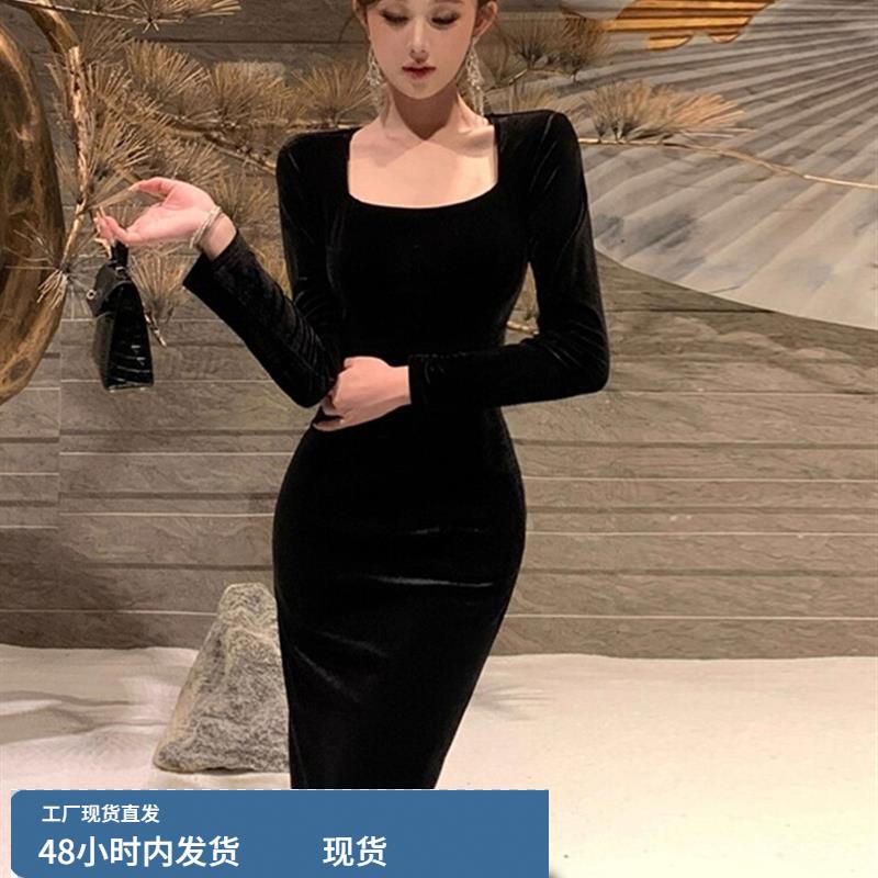 赫本风小黑裙高级感法式宴会气质巨好看打底黑色丝绒连衣裙女秋冬