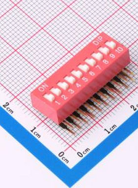 DT-10HT 2.54mm间距 10位 琴键式 90度弯插侧拨凸柄 红色 拨码开