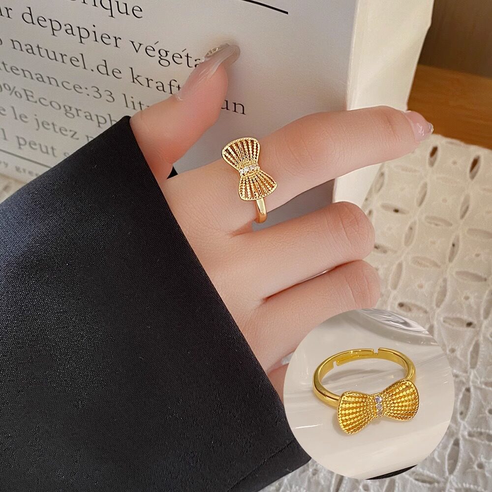 微镶锆石蝴蝶结戒指女轻奢气质小众设计感指环开口可调节食指手饰
