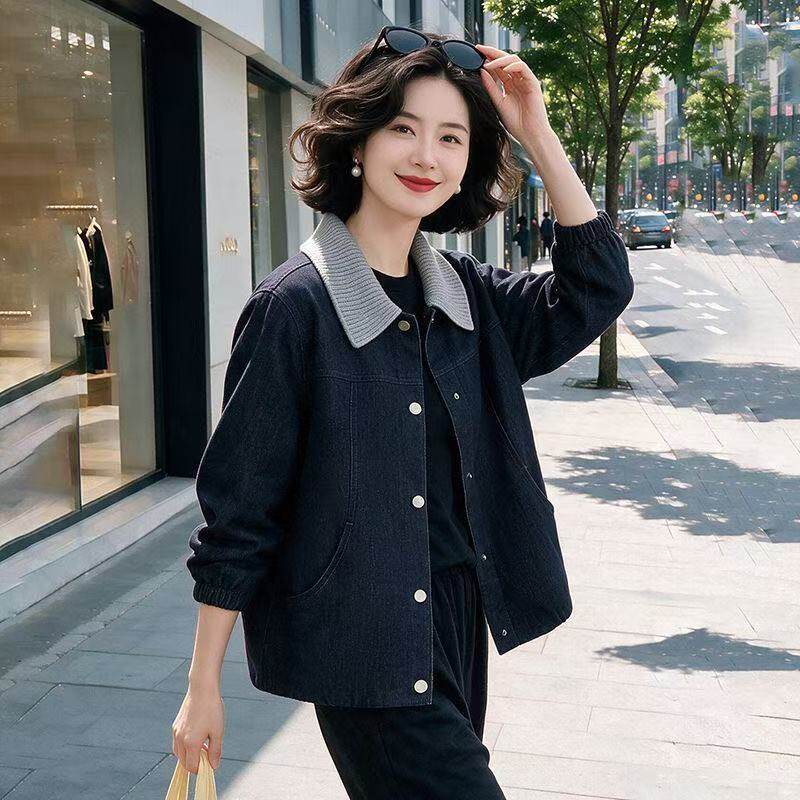 中年妈妈秋装翻领拼接休闲夹克上衣中老年女春秋端庄大气牛仔外套