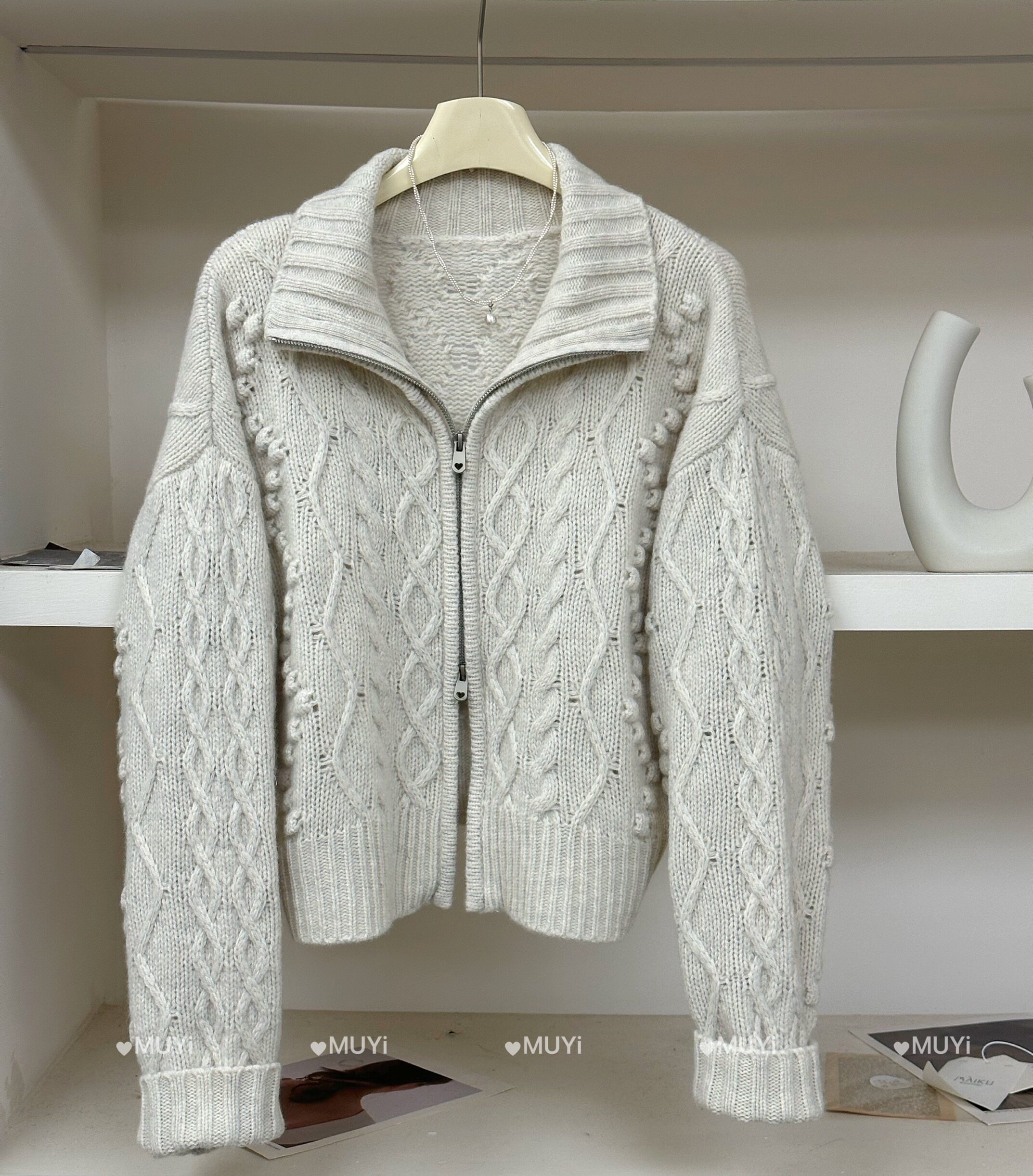 MUYi韩系秋冬新款时尚百搭立领麻花毛衣女100%羊毛毛衣双拉链上衣