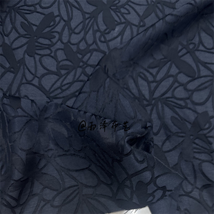 日本进口高品质藏青色花朵烧花提花全棉面料 衬衫吊带连衣裙旗袍