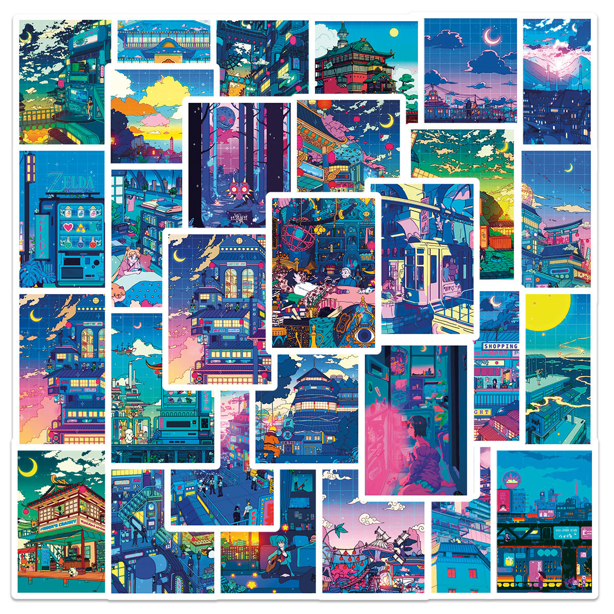 50张动漫二次元城市全息夜景贴画笔记本水杯手机平板机车头盔贴纸