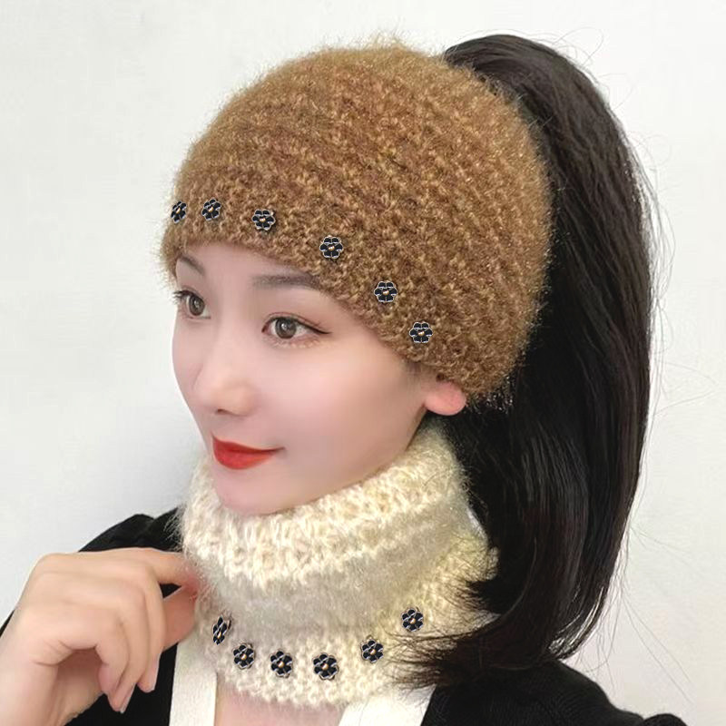 秋冬毛线发带女保暖遮白发针织护耳帽百搭花朵装饰头饰束发带女款