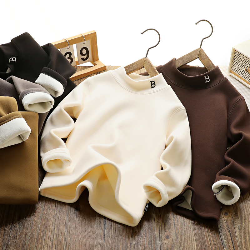 男童打底衫春秋季加绒中大童纯色帅气领口字母儿童圆领保暖加厚