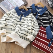 X男童Polo领卫衣春秋款 2026儿童条纹翻领上衣中大童男孩休闲衣服