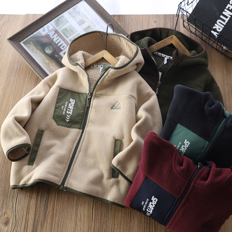 男童摇粒绒连帽外套2025新款秋冬儿童抓绒卫衣加绒上衣中大童开衫