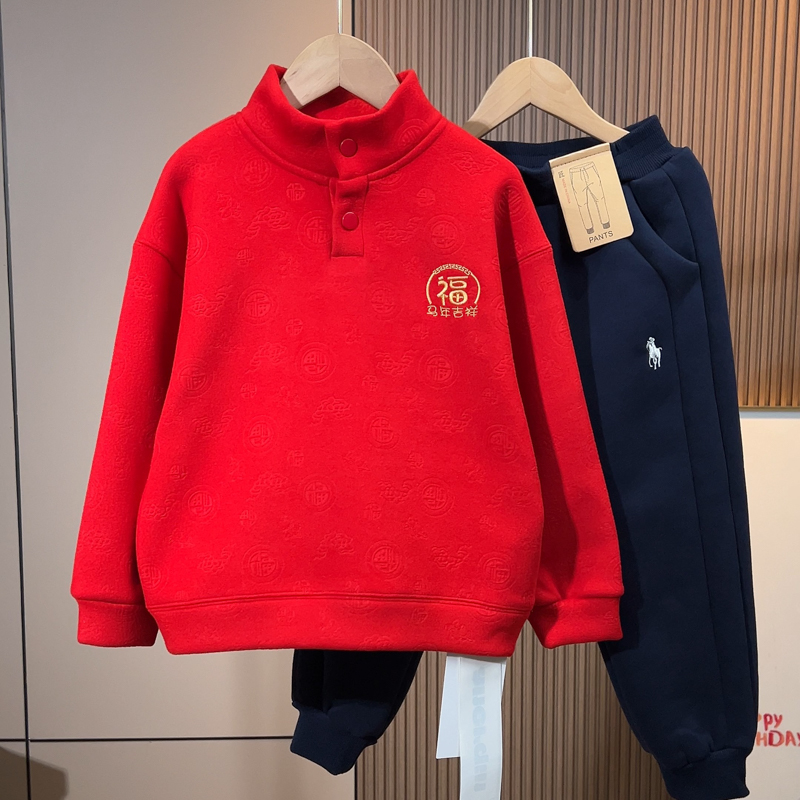 男童红色卫衣加绒冬季新款2025儿童装中大男孩洋气刺绣过年服拜年