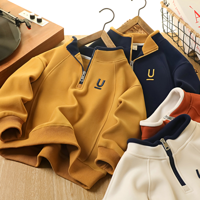 男童加绒卫衣秋冬新款2025儿童半拉链立领加厚中大童帅气保暖上衣