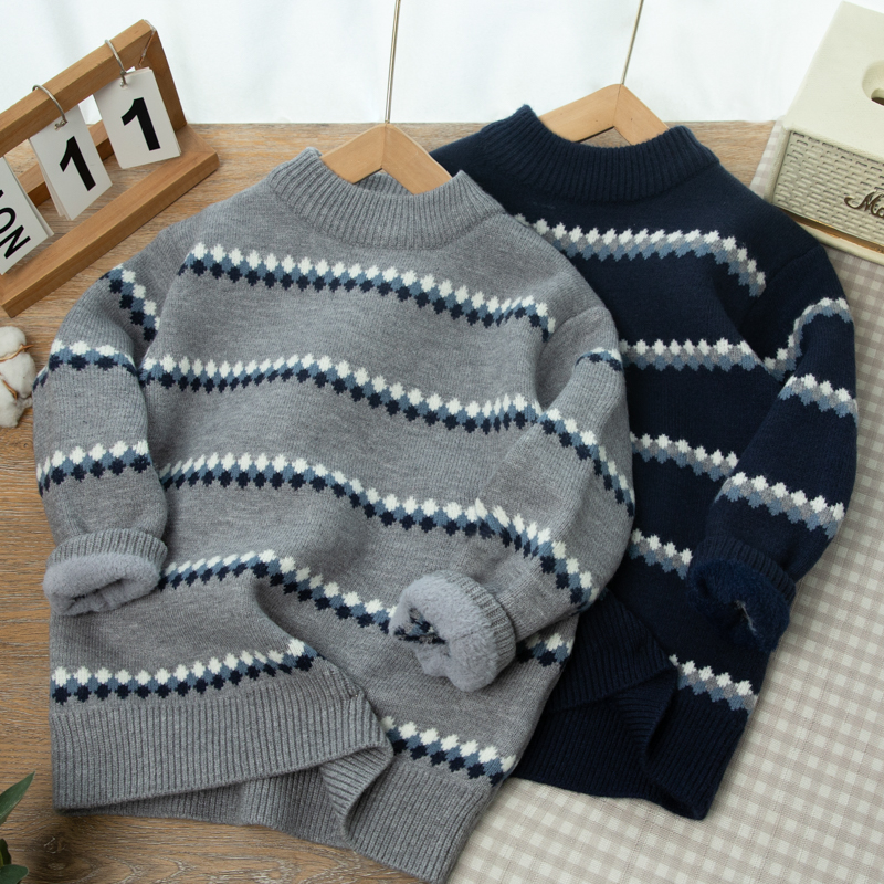 男童加绒毛衣冬季一体绒2025新款儿童装男孩中大童针织圆领毛线衣