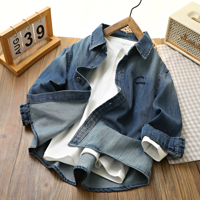 男童水洗牛仔衬衫外套2025春秋中大童刺绣字母儿童装休闲翻领上衣