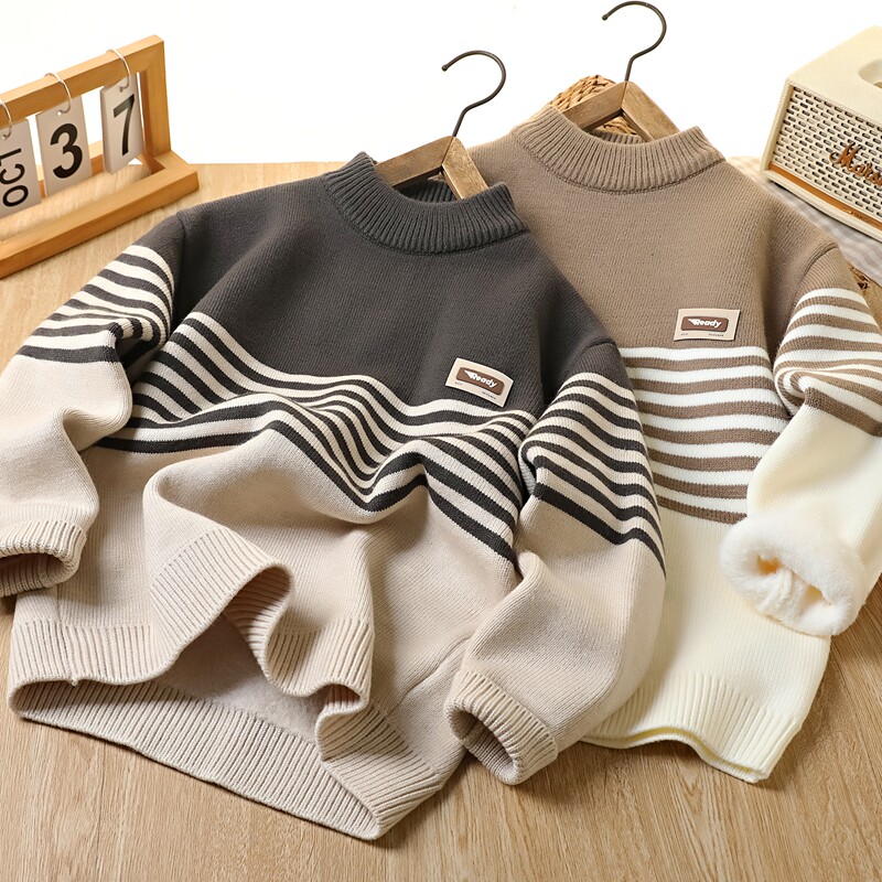 男童加绒毛衣冬季新款2025儿童装内搭针织衫一体毛绒加厚保暖上衣