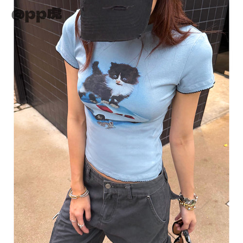 pp虎现''猫咪车队''美式辣妹印花短袖夏季修身显瘦上衣S26340