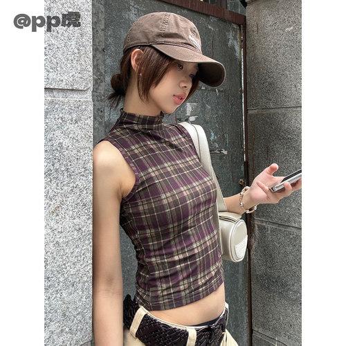 pp虎 现''乌龙茶''格子背心网格辣妹修身T恤S26326
