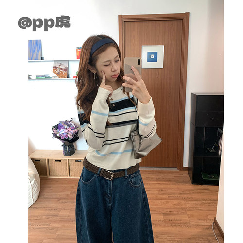 pp虎''海盐条纹''早秋韩系休闲宽松圆领条纹绵羊毛针织SWT26911