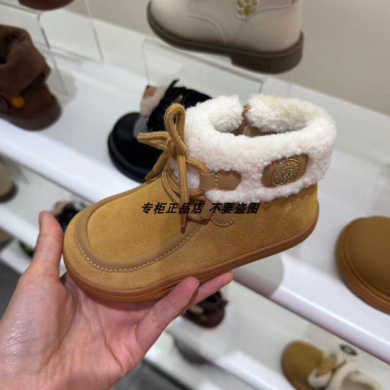 专柜正品泰兰尼斯26冬季新款牛皮女童靴加厚保暖小黄靴儿童复古靴