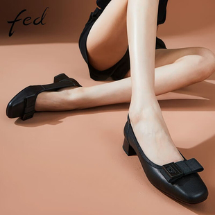 FED粗跟单鞋秋季新款女鞋黑色真皮鞋职业通勤单鞋女款D0709-YA208