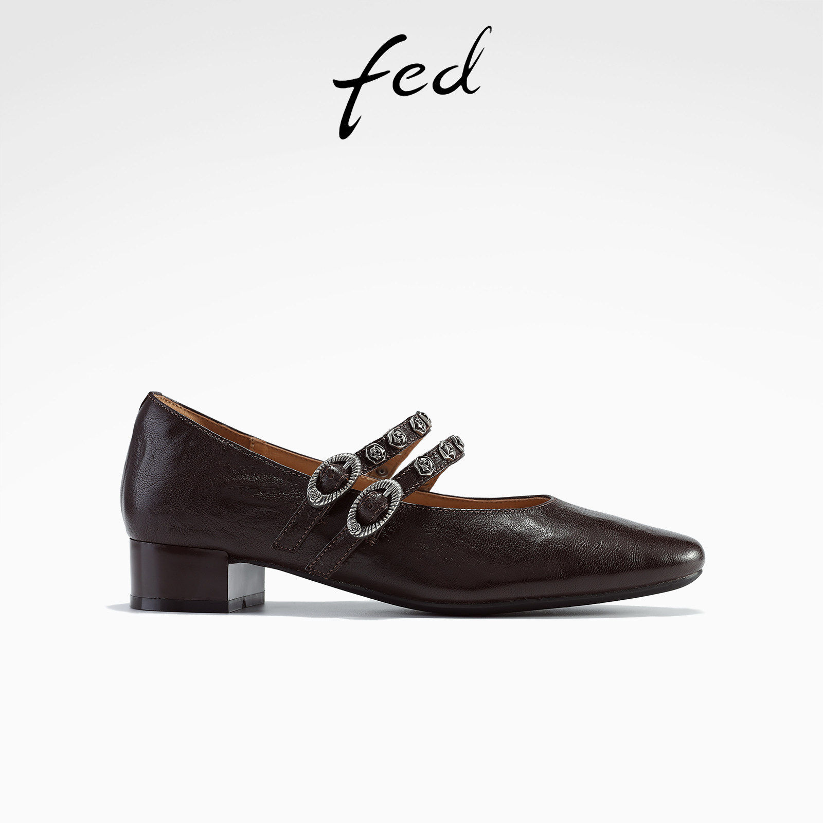 fed手抓纹羊皮女鞋秋季复古真皮铆钉粗跟单鞋通勤豆豆玛丽珍鞋女,女鞋,玛丽珍鞋,淘宝优惠券,粉丝福利购,淘宝优惠卷