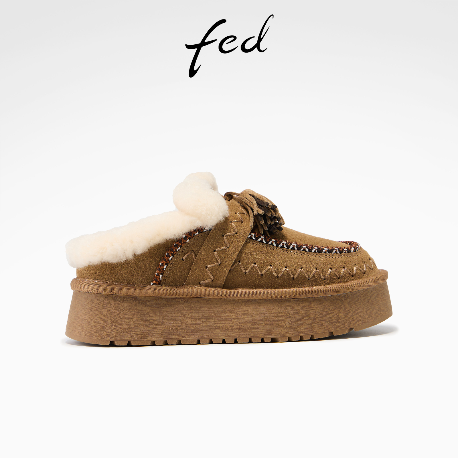 fed羊毛保暖真皮秋冬女鞋一脚蹬厚底棉拖鞋女外穿毛毛鞋雪地靴女