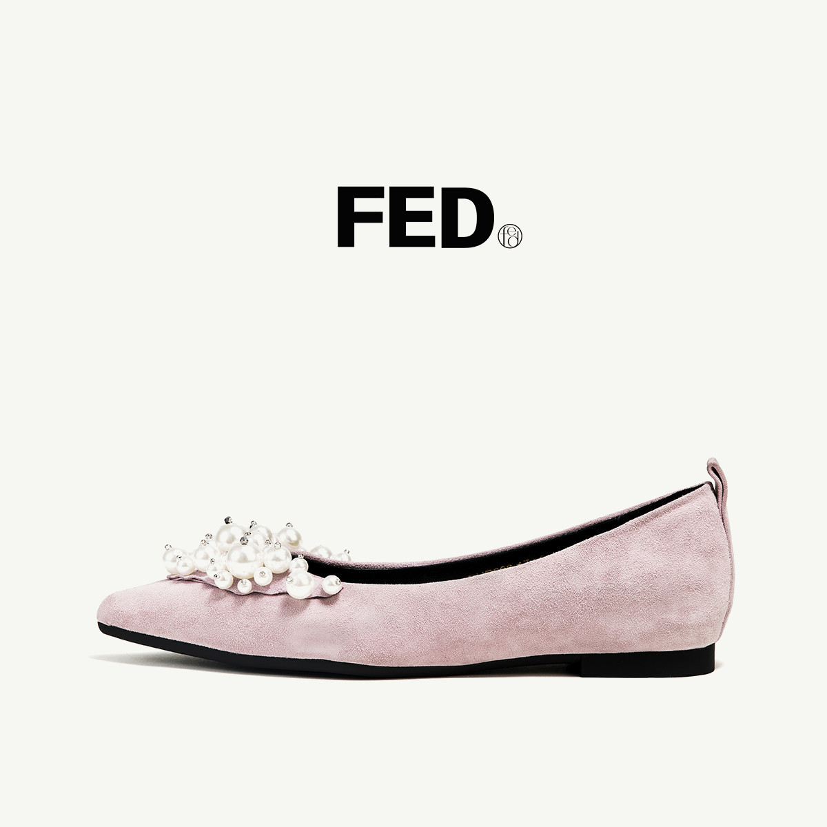 fed羊皮珍珠女鞋春秋季尖头浅口内增高平底单鞋新娘晚宴时装鞋女